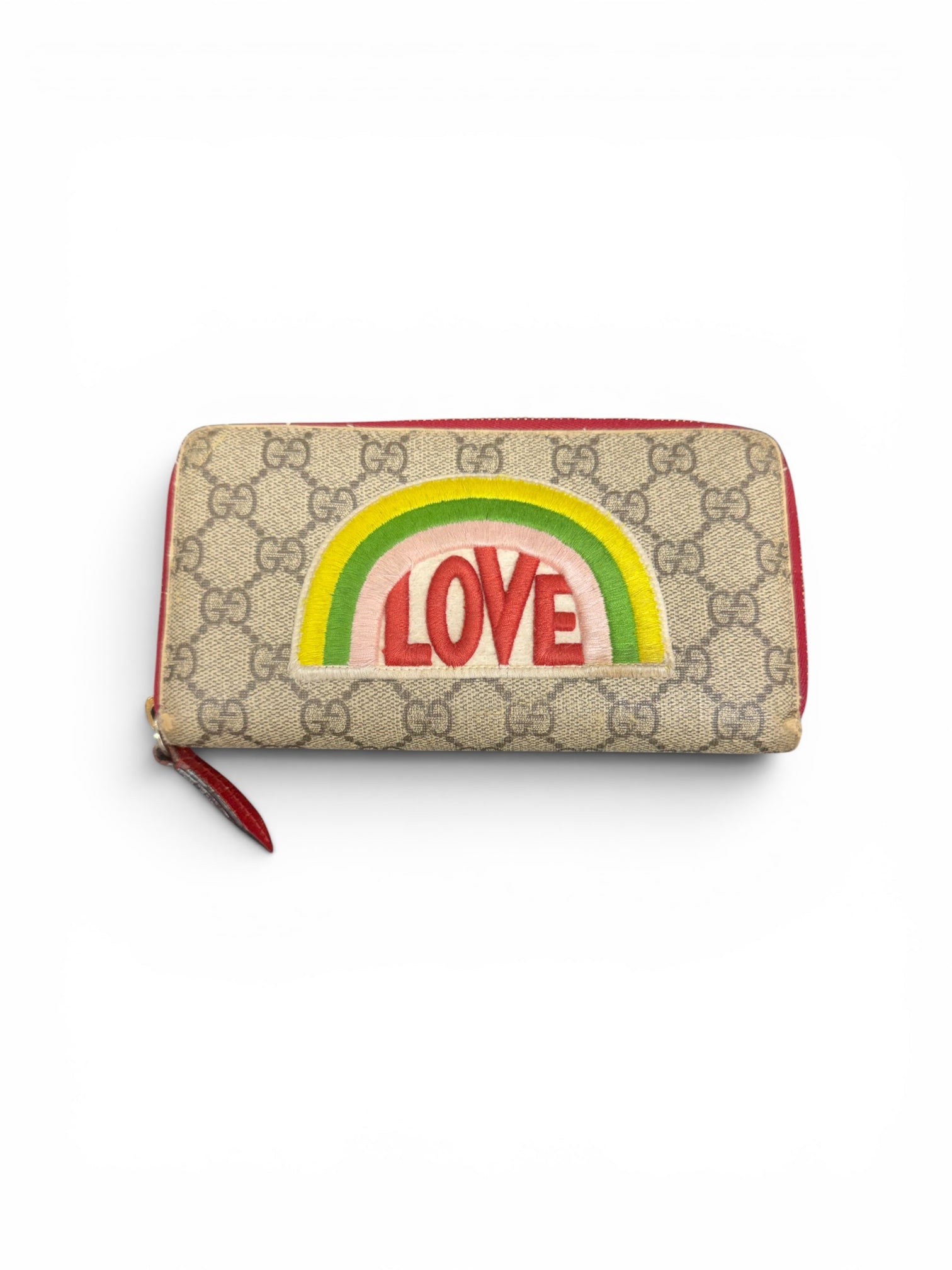 Gucci Limited Edition GG Supreme Rainbow LOVE Zippy Wallet Red