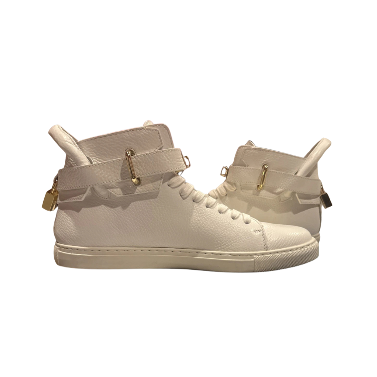 Buscemi 100MM white leather high-top sneakers with gold-plated hardware Size 43