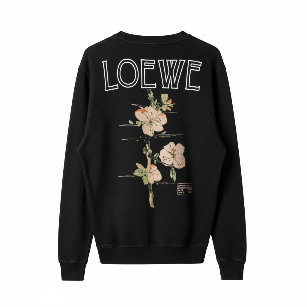 LOEWE Black Crewneck Sweatshirt with Embellished Hem Detail Size Medium