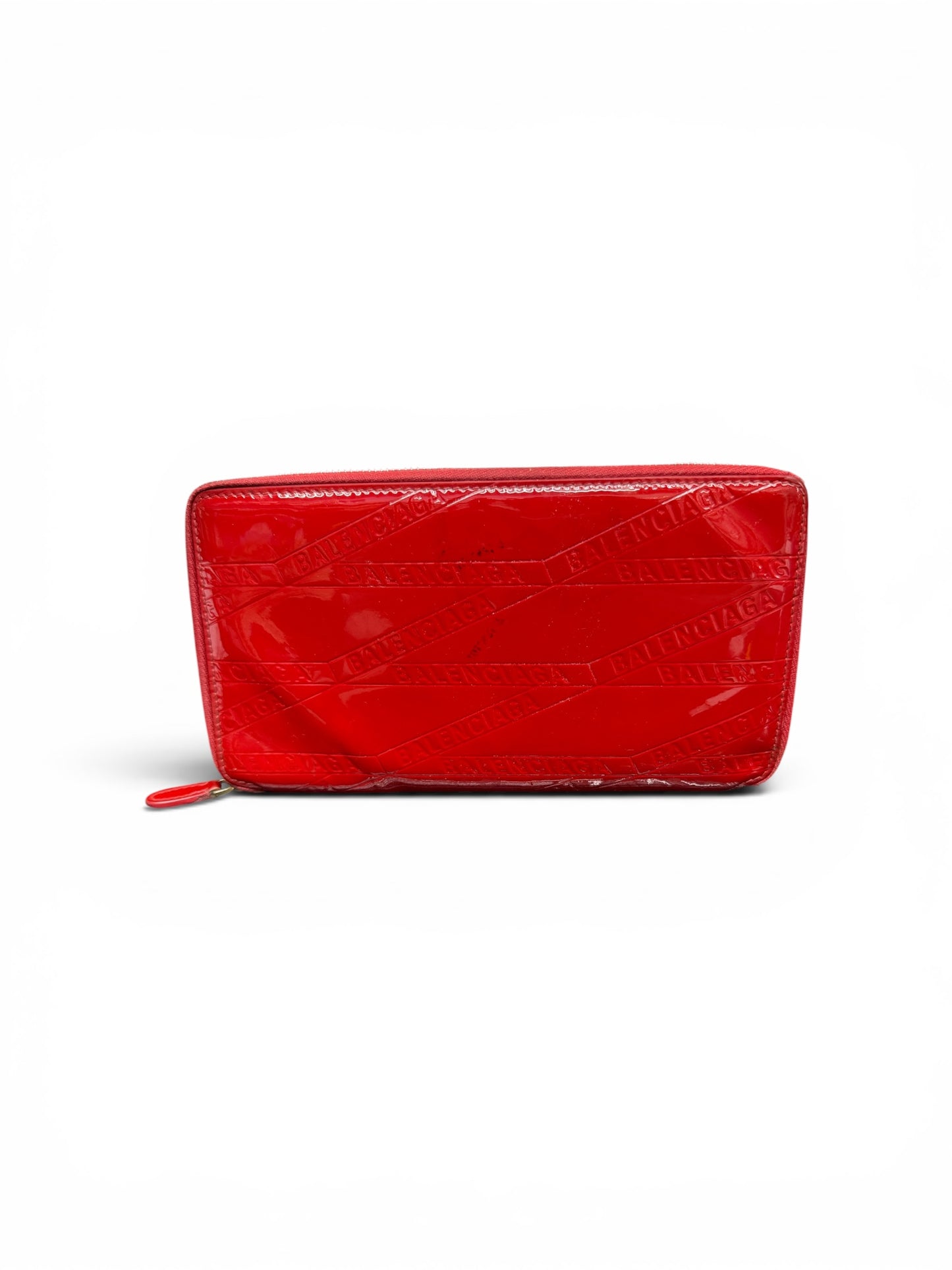 Balenciaga All Over Logo Patent Leather Continental Zip Wallet Red