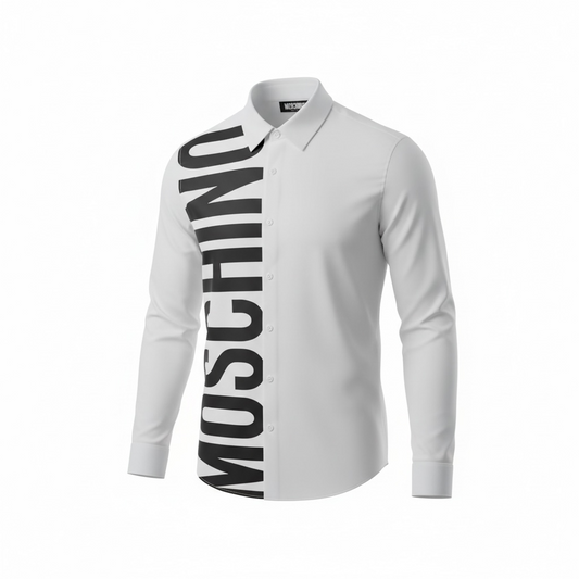 Moschino White Button-Up Shirt Big Logo Print Men’s Designer Long Sleeve NEW