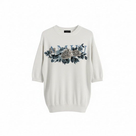 Amiri White Floral Logo Knit T-Shirt Men’s Designer Short Sleeve Sweater Tee
