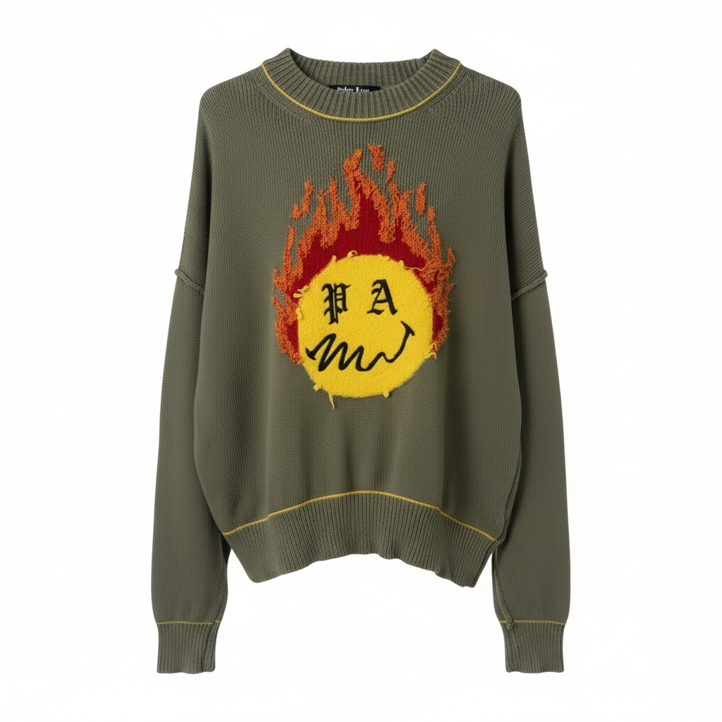 Palm Angels Green Flame Logo Sweater Men’s Designer Knit Crewneck Streetwear