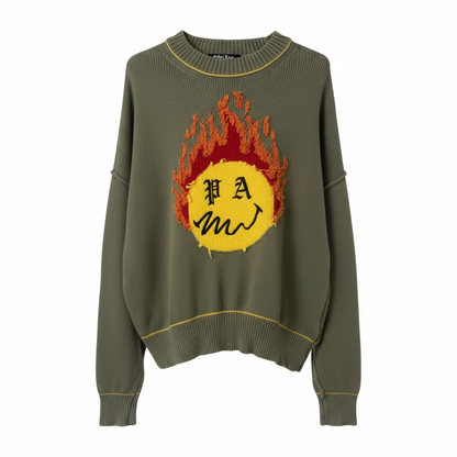 Palm Angels Green Flame Logo Sweater Men’s Designer Knit Crewneck Streetwear