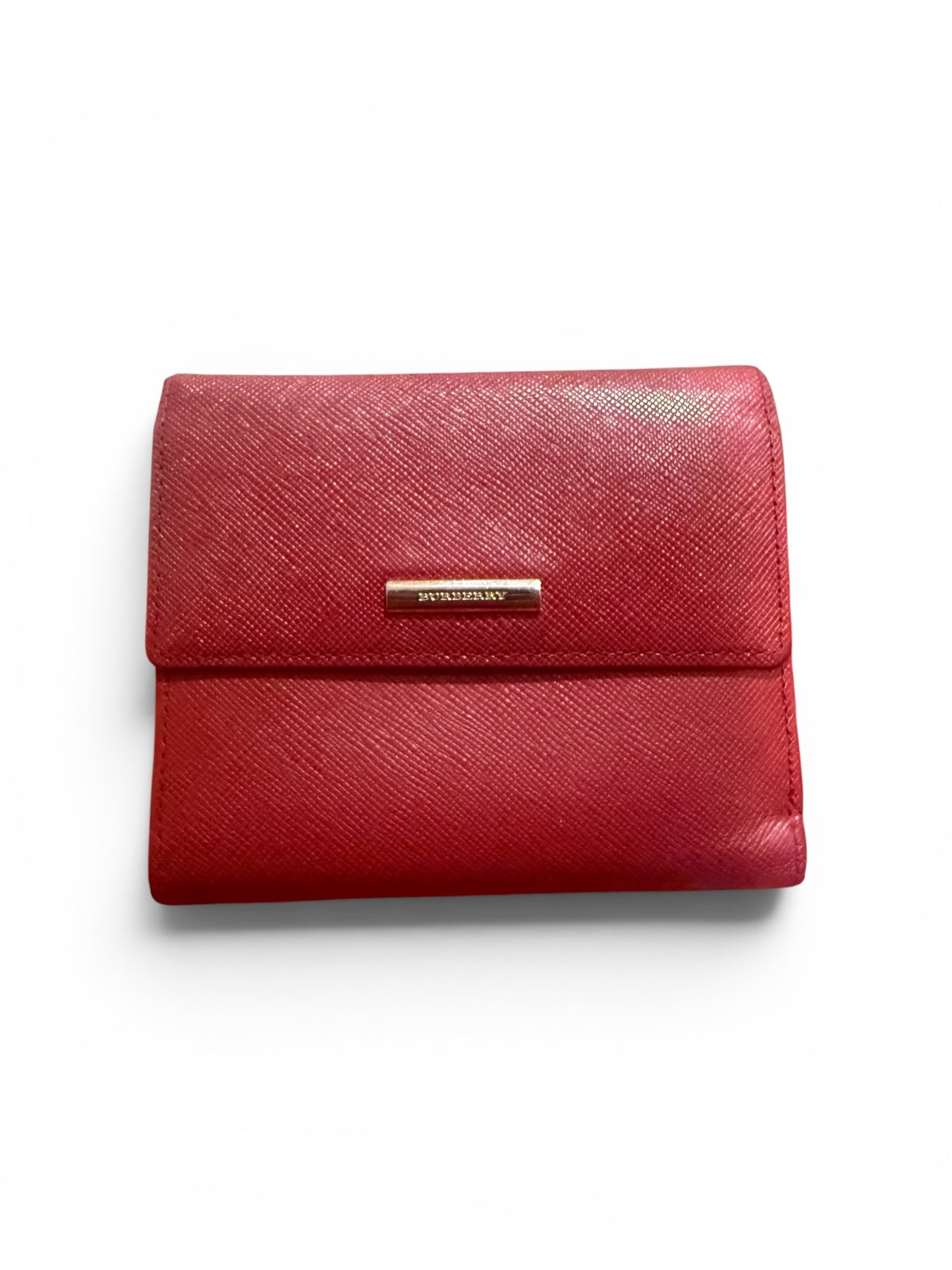 Burberry Engraved Metal Bar Saffiano Leather French Flap Wallet Red