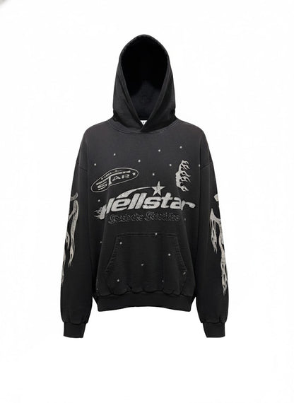 Hellstar "Stars & Flames" Graphic Pullover Hoodie Black Size Medium