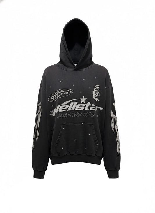 Hellstar “Stars & Flames” Graphic Pullover Hoodie – Black