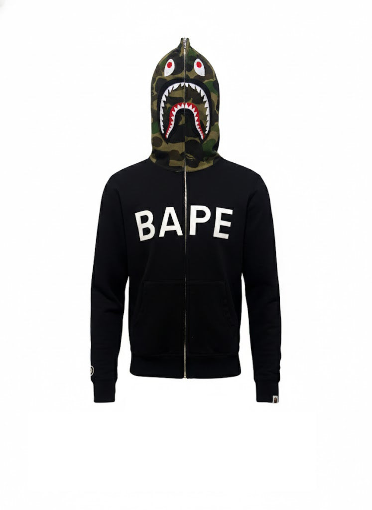 A Bathing Ape (BAPE) Shark Zip-Up Hoodie Black / Green Camo Size M
