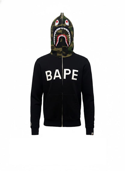 A Bathing Ape (BAPE) Shark Zip-Up Hoodie Black / Green Camo Size M