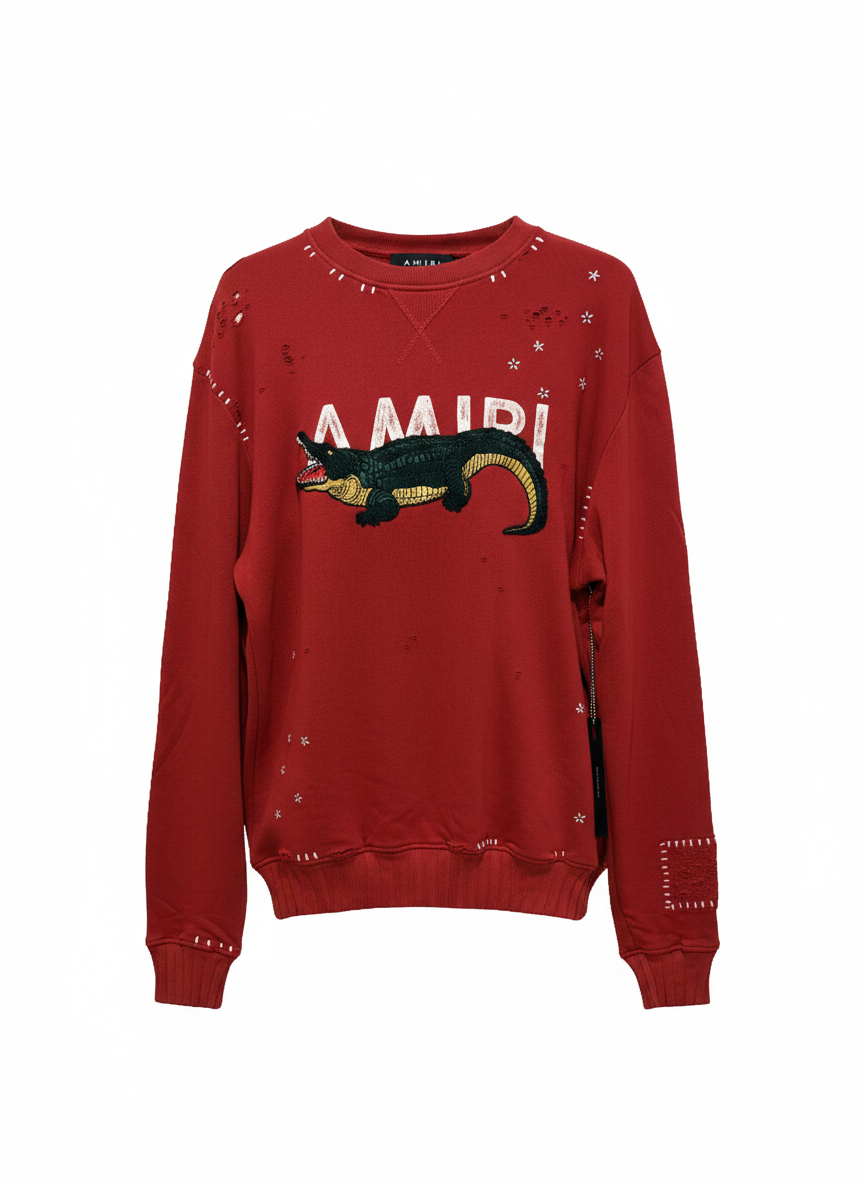 AMIRI Crocodile Logo Distressed Crewneck Sweatshirt Red Size Medium