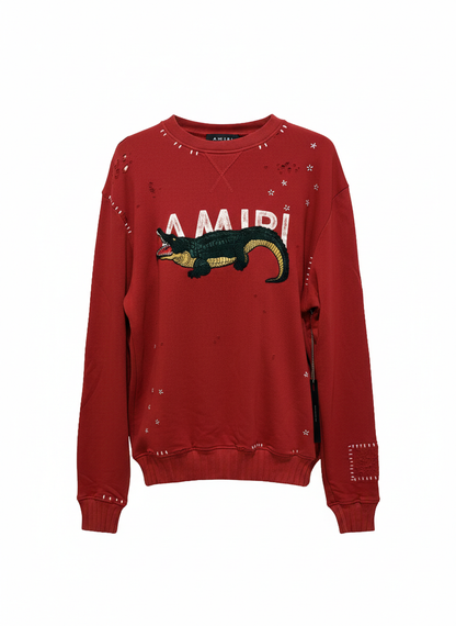 AMIRI Crocodile Logo Distressed Crewneck Sweatshirt Red Size Medium