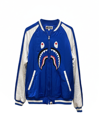 A Bathing Ape (BAPE) Shark Embroidered Varsity Bomber Jacket Blue Size Large
