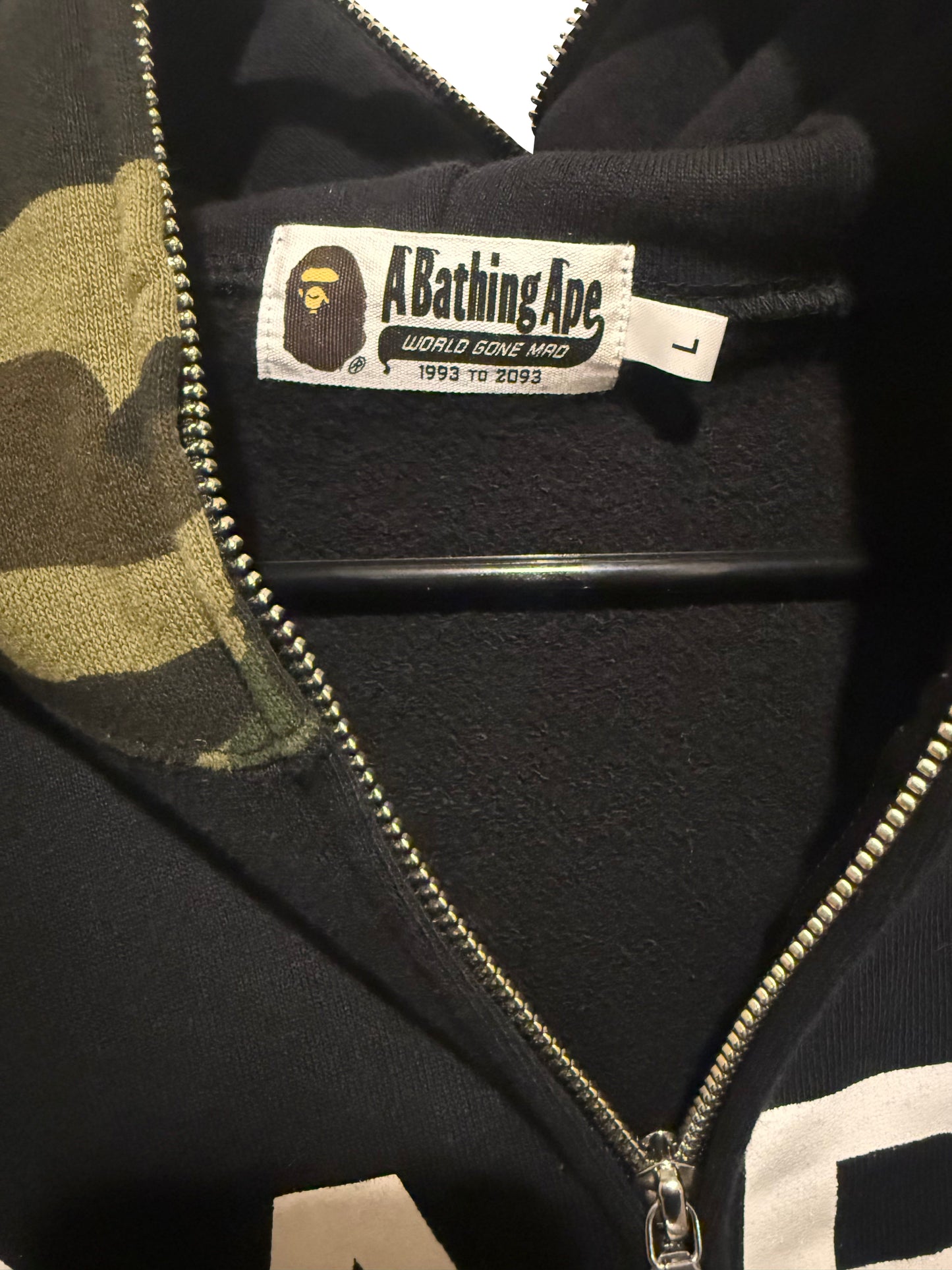 A Bathing Ape (BAPE) Shark Zip-Up Hoodie Black / Green Camo Size M