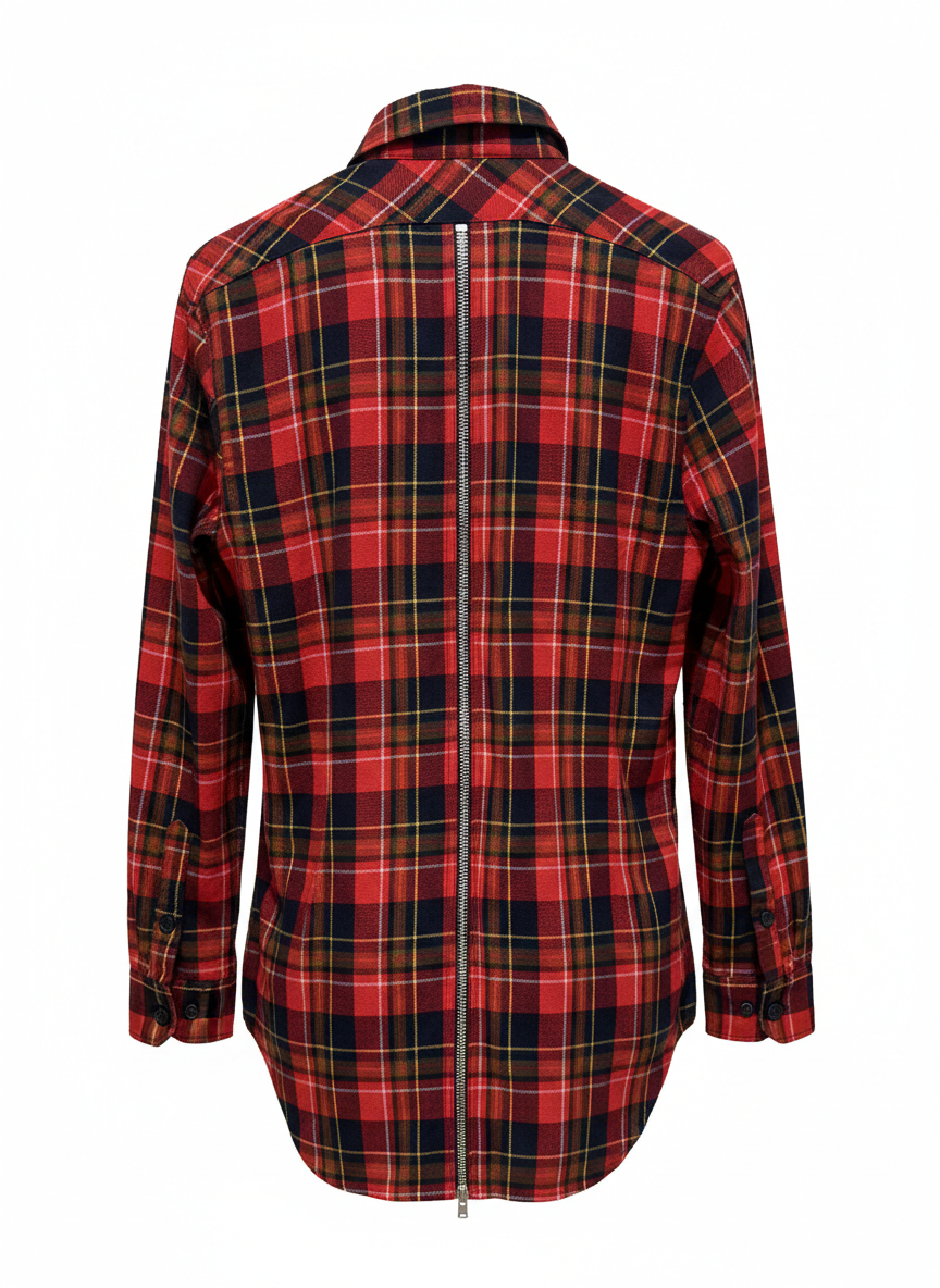 Fear of God Red/Navy Plaid Flannel Shirt with Full Back Zip Size Medium