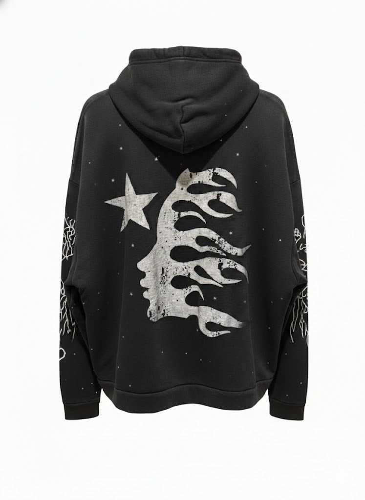 Hellstar "Stars & Flames" Graphic Pullover Hoodie Black Size Medium