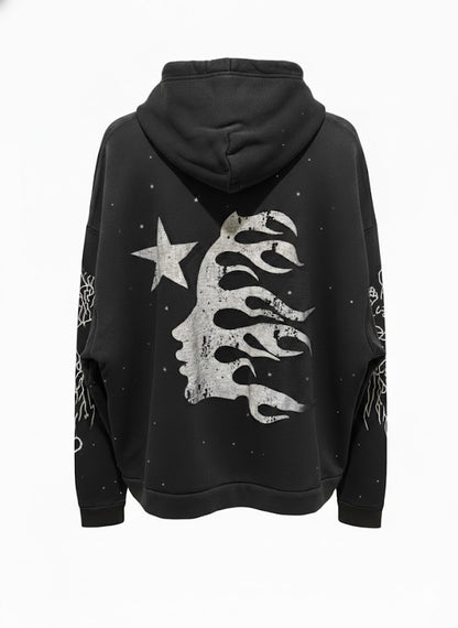 Hellstar "Stars & Flames" Graphic Pullover Hoodie Black Size Medium