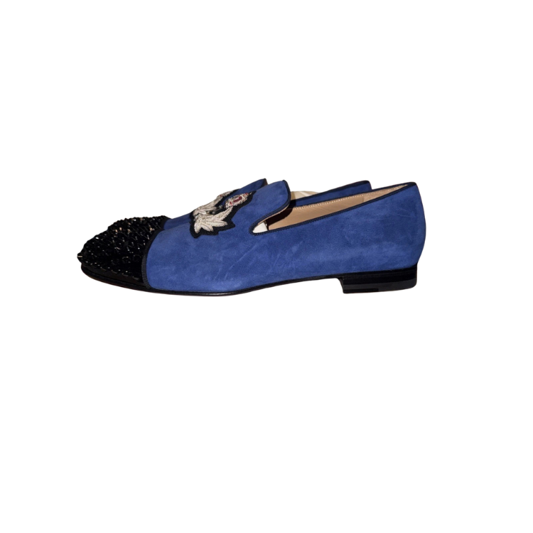 Christian Louboutin Harvanana Spiked Dark Blue Velvet Smoking Slippers Size 43.5