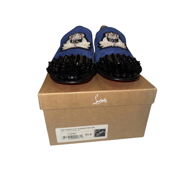 Christian Louboutin Harvanana Spiked Dark Blue Velvet Smoking Slippers Size 43.5