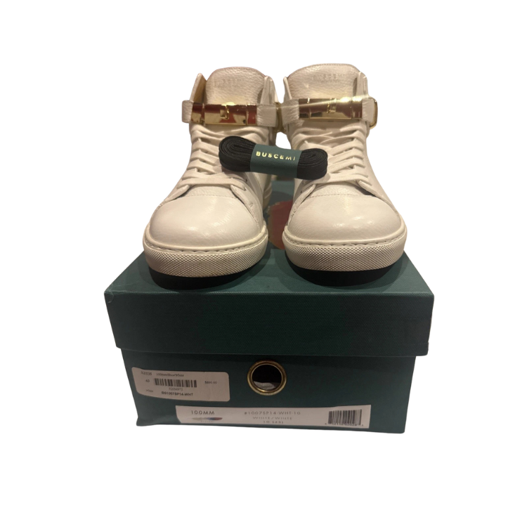 Buscemi 100MM white leather high-top sneakers with gold-plated hardware Size 43