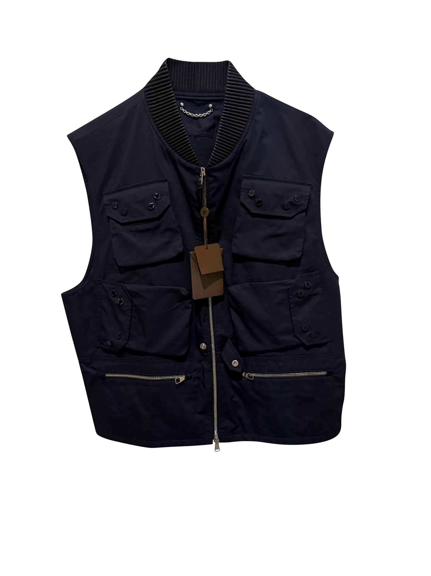 Louis Vuitton Multi-Pocket Utility Vest â€“ Navy, Ribbed Collar, Zip Closure Size 56