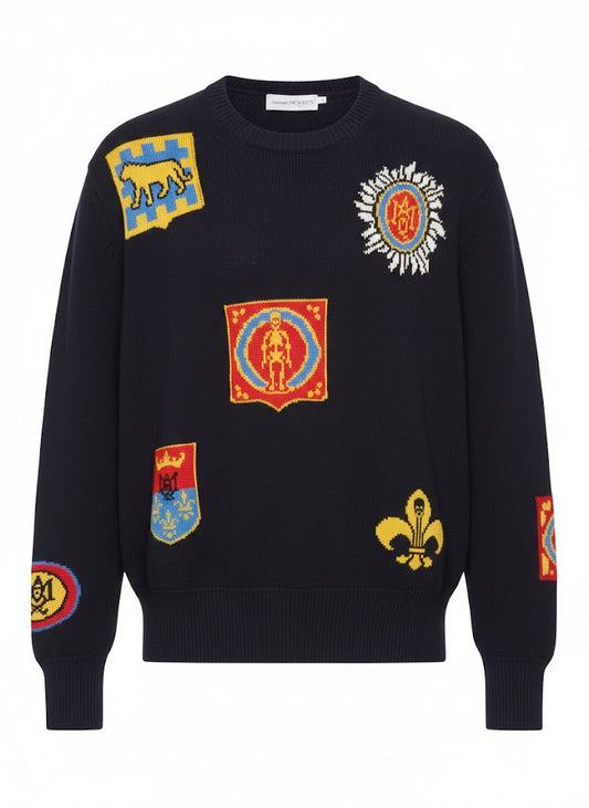 Alexander McQueen Intarsia Crest Patch Wool Knit Sweater Size Large