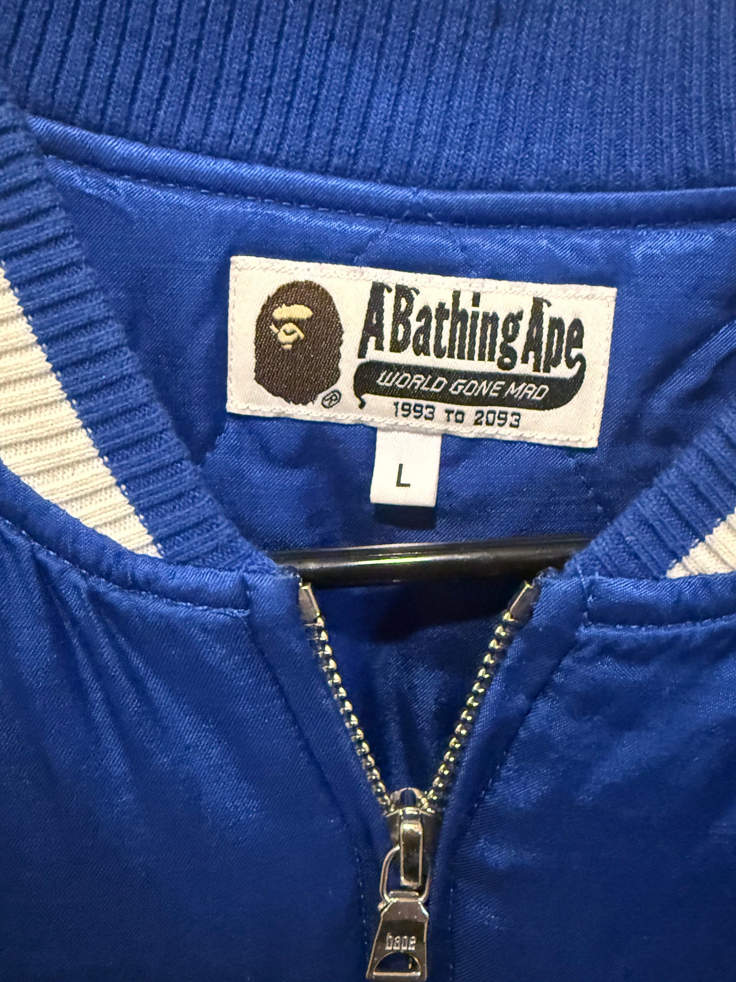 A Bathing Ape (BAPE) Shark Embroidered Varsity Bomber Jacket Blue Size Large