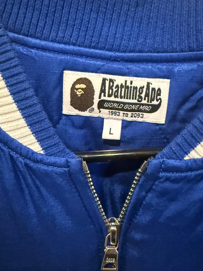 A Bathing Ape (BAPE) Shark Embroidered Varsity Bomber Jacket Blue Size Large